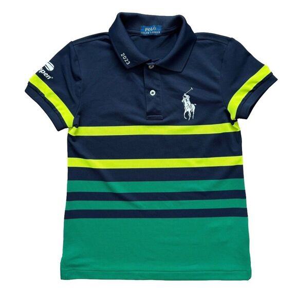 Polo Ralph Lauren Youth Small US Open 2023 Striped Polo Shirt Navy Green Neon - Picture 1 of 9